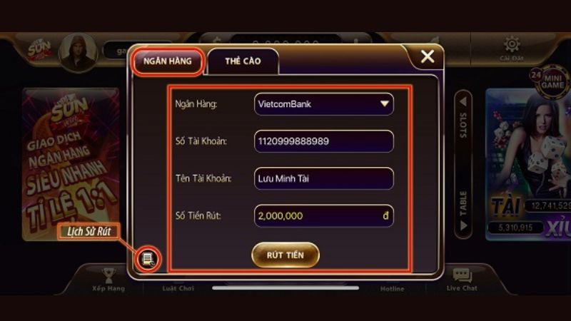Giao diện thao tác rút tiền tài xỉu Sunwin